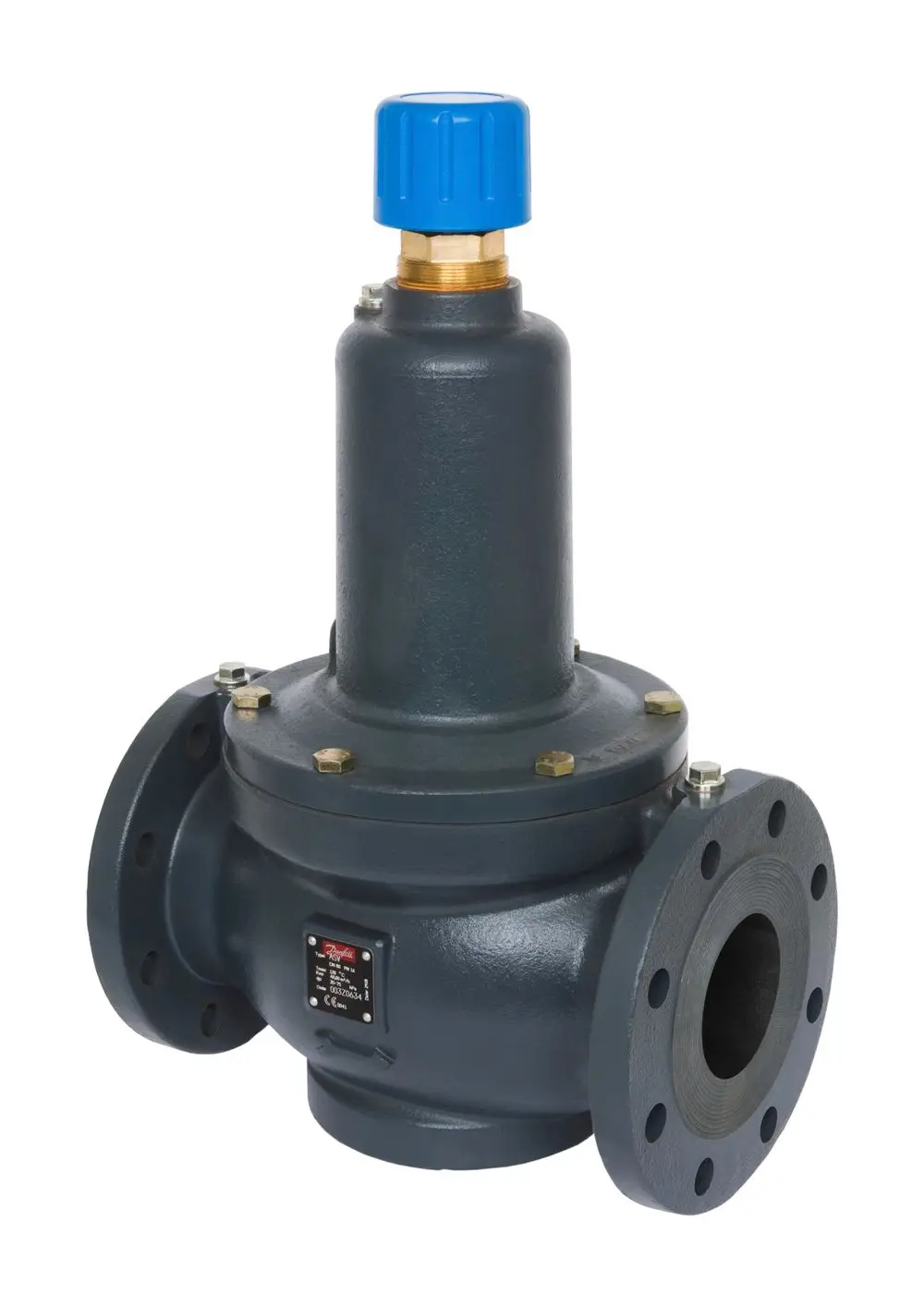 Danfoss Druckregler mit Flanschen, vertikaler Bauweise, zur Einstellung des Differenzdrucks in Heizungs- oder Kühlsystemen.